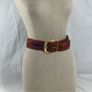 vintage handmade waxed leather and embroidered colorful belt small